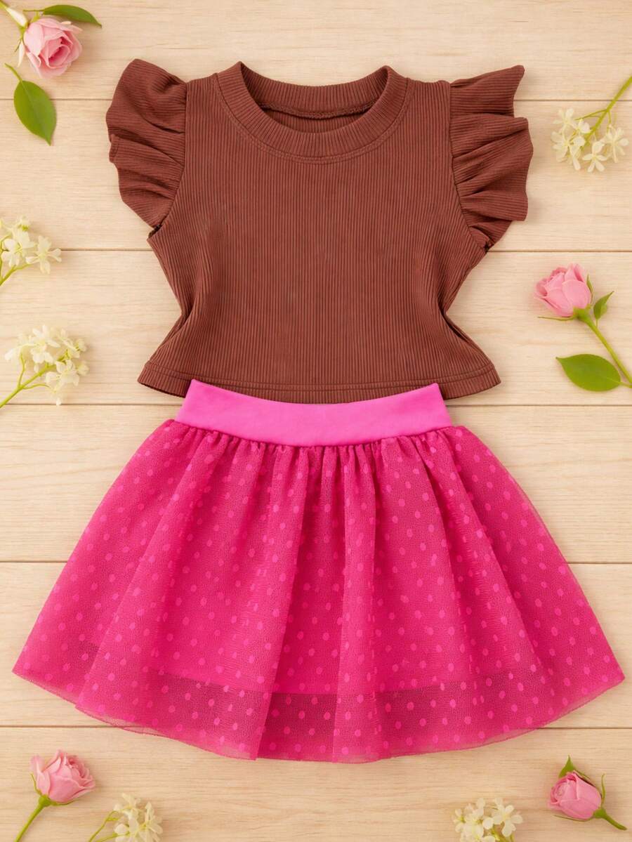 Girls' Outfit Set: Tulle Shorts Skirt With Ruffle And Cropped Top With Ruffled Frills, Pleated, Spring And Summer CJI043 - Pink and Brown - View 1