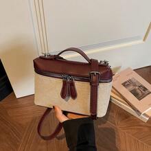 Women's Sophisticated Color-Blocked Canvas Small Square Bag, Retro Style, Perfect For Everyday Shopping Or Commuting, Simple Shoulder Bag. - Burgundy - View 10