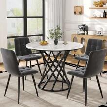 Dining Room Set (5 Pieces), Modern Dining Room Set (With 4 Chairs), Kitchen Table And Chair Set, 80cm Diameter Round Kitchen Table With Black Metal Legs, White MDF Top, Velvet Chairs - Grey - View 9