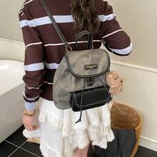 Vintage Distressed Faux Leather Backpack, College Style Plush Charm Mini Backpack, Casual Multipurpose Schoolbag - Black - View 4