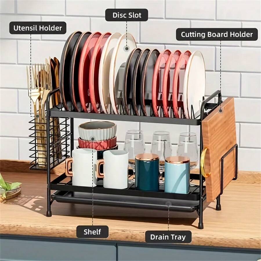 1 Set Double-Layer Dish Drying Rack, Rust-Resistant Carbon Steel Kitchen Storage Organizer With Draining Rack, Drip Tray And Cutlery Holder, Space-Saving Countertop Rack For Home Kitchen Kitchen Items Kitchen Accessories Kitchen Tools - One Size - View 1