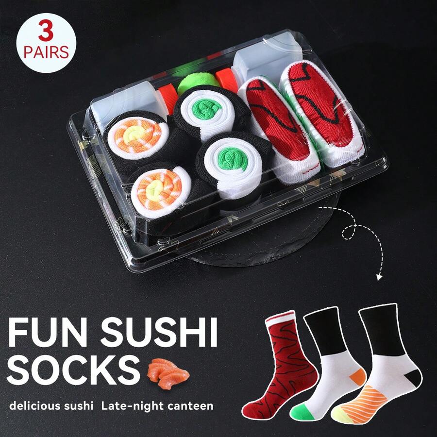 3双装新奇寿司主题中筒袜礼盒，春夏新款运动袜，创意美食灵感设计，针织面料，加长加厚柔软舒适，是生日、情人节、复活节、斋月、狂欢节、约会、派对、节日礼物的完美之选，个性抽象日常休闲穿搭，美食主题服装，四季皆宜，适合情侣、朋友、度假、户外运动、健身房、居家、办公等场合。