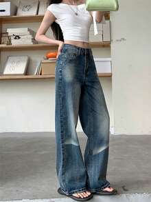 复古时光机宽松水洗深蓝色阔腿直筒牛仔裤，女士休闲春季款 - 藍色 - 查看 3