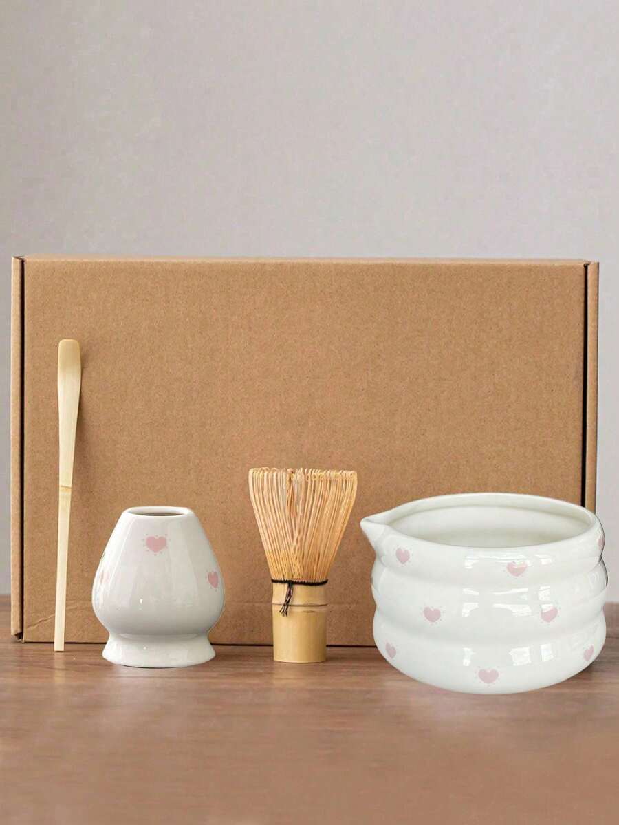 2 piezas/4 piezas/5 piezas Juego de Matcha de cerámica con corazón rosa, incluye tazón de Matcha, batidor de Matcha, taza de Matcha, revolvedor, cuchara para té, juego de tazón de té, herramientas para hacer Matcha, postres, bebidas, juego de herramientas de batidor de Matcha, juego de regalo para fiestas - Rosa - Ver 1