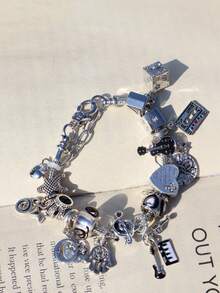 1 pieza Pulsera con dijes de guitarra y piano de festival de música, pulsera gótica con cruz y serpiente de remolino oscuro, pulsera punk con dados y estrella, pulsera con cruz y ojo del diablo - Plateado - Ver 7