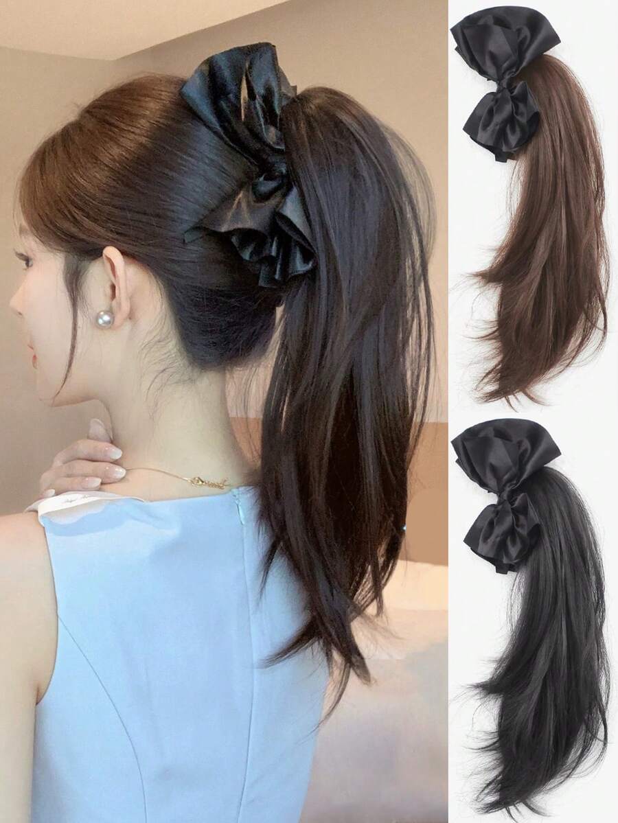 Bowknot Hair Claw Clip, Fluffy Curly Ponytail Hair Extension, Elegant Hair Accessory - Multicolor - View 1