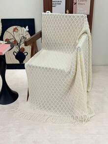 1 Diamond Grid Textured Knit Throw Blanket, Soft And Comfortable, Suitable For All Seasons, Suitable For Sofa, End Of Bed, Travel, Home Decor - Mixed Color Geometric Pattern, Acrylic Fabric - Tua rua, họa tiết caro nhỏ màu be - Xem 5