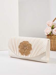 褶皱缎面折叠晚宴手拿包，奶油色正式手提包，饰以金色水钻花卉——适合婚礼、舞会和派对造型 - 杏色 - 查看 5