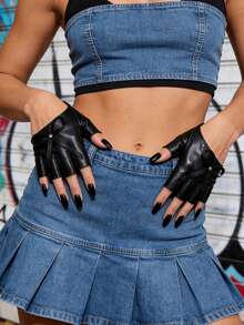 1 Pair Fashion Bow Rhinestone Fingerless PU Gloves - Black - View 4