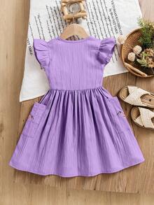 女童粉色纹理连衣裙，复古刺绣碎花半身裙，单排扣宽松娃娃裙，夏季透气短袖连衣裙 - 紫色 - 查看 2