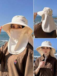 1 pieza Nuevo sombrero de chal con máscara facial, sombrero de sol de ala ancha anti-UV para mujer, sombrero de cubo versátil para cola de caballo - A - Ver 6
