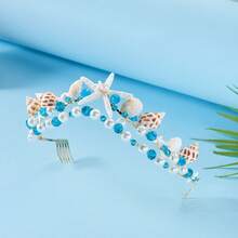 1件波西米亚风美人鱼新娘头饰，百搭贝壳、海星、海贝和珍珠美人鱼公主发饰 - 彩色 - 查看 1