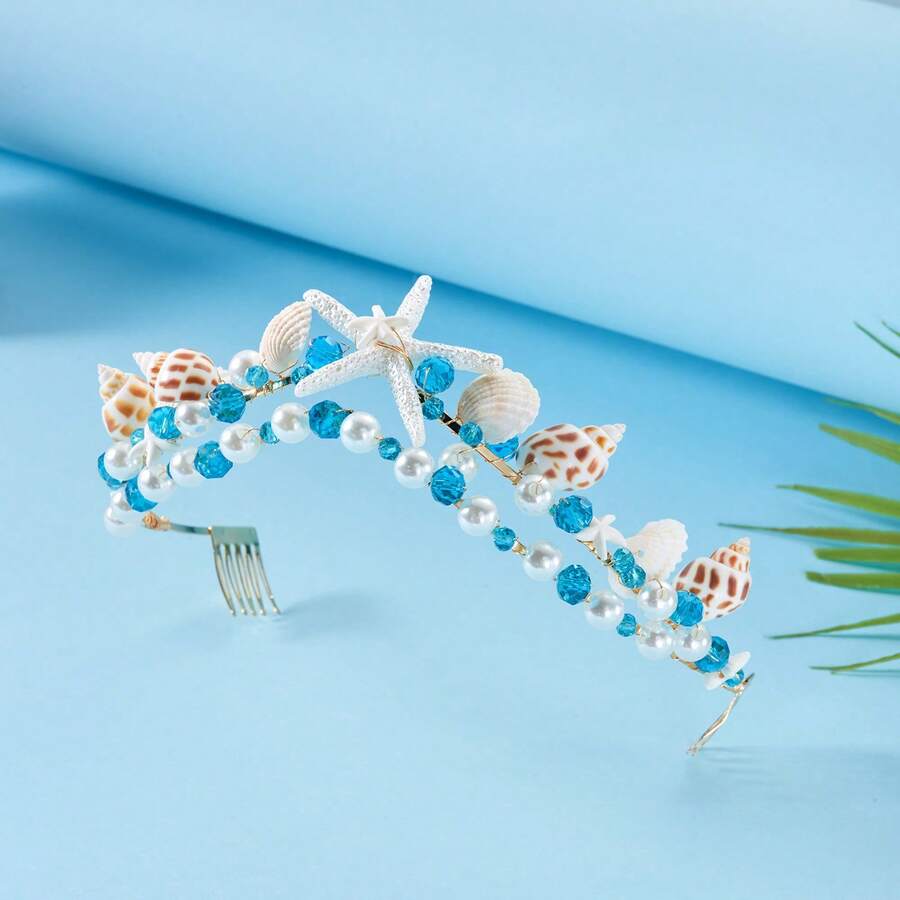 1件波西米亚风美人鱼新娘头饰，百搭贝壳、海星、海贝和珍珠美人鱼公主发饰 - 彩色 - 查看 1