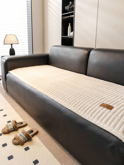 1pc Thick Striped Sofa Cushion, Fashion Leather Label Decor, Flannel Tufted Design, Suitable For 1/2/3/4/5 Seater And Sectional Sofas, Applicable For Living Room, Bedroom, Office And Other Home Decor, All Seasons
