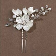 3pcs Bridal Wedding Flower Crystal Pearl Hair Clips, Rhinestone Inlaid Embossed White Flower Hair Accessories - White - View 15