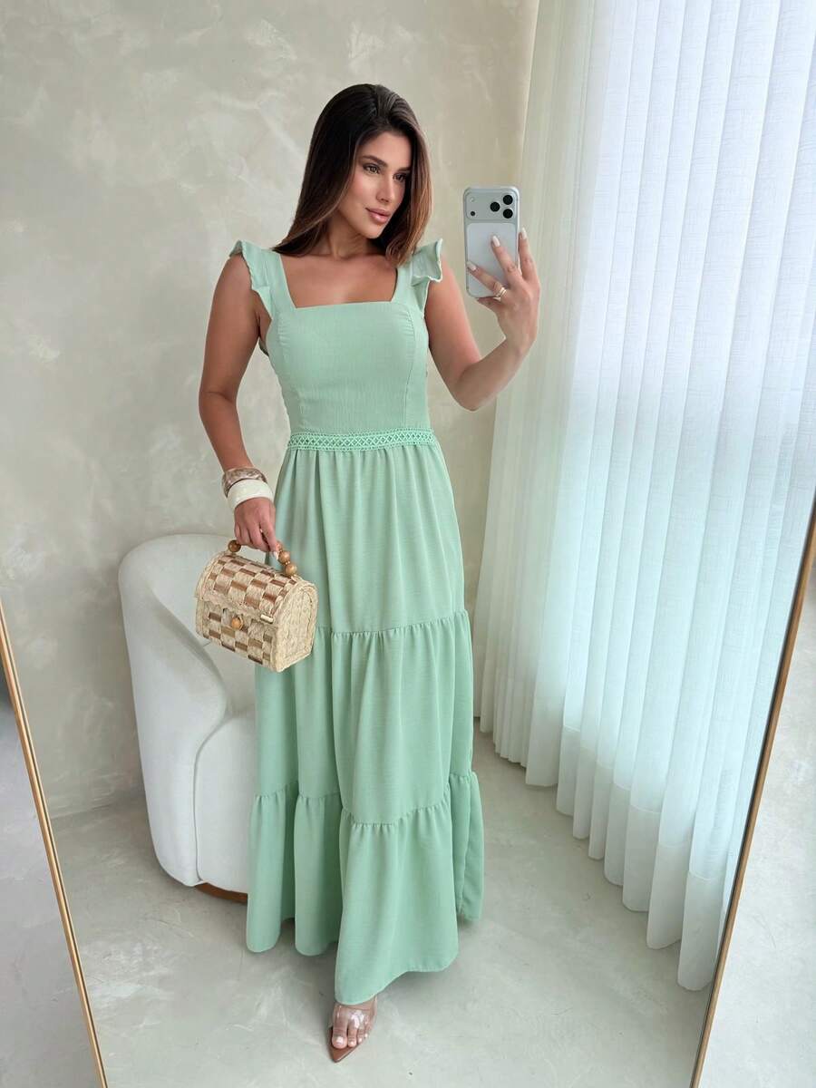 Long Dress With Lace Detail At The Waist, Duna Fabric. - Mint Green - View 1