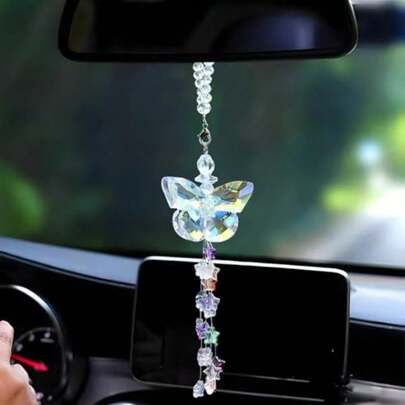 Crystal Glass Butterfly Rearview Mirror Hanging Pendant- Bling Car Rear View Mirror Charm With Stars Tassel Bead- Lucky Presents Auto Interior Decoration Accessories For Cars Stars