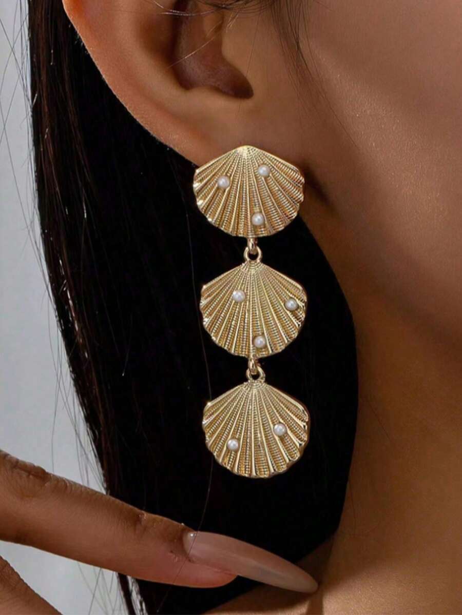 一对迷人时尚的夸张金属贝壳珍珠耳环 - 沙滩派对礼物 - 貝殼 - 查看 1