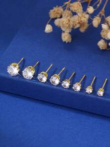 3pcs Geometric Square & Heart Zirconia Stud Earrings Set, Elegant Fashion Jewelry Suitable For Holidays And Commuting - Gold - View 7