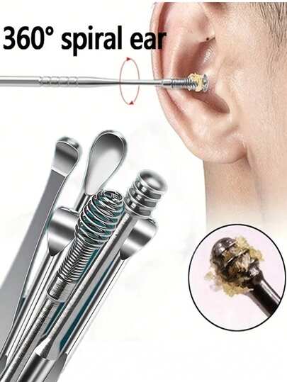 6pcs Portable Leather Ear Wax Removal Kit, Ear Spoon, Spiral Spring Ear Cleaner, Travel Size Ear Picker Set, New Stainless Steel, Spiral, Adult, No Battery, No Power Required, For Ear Cleaning