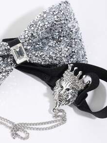 2件套银色水钻领结和皇冠水钻链狮子胸针套装，适合派对、摄影搭配 - 彩色 - 查看 3