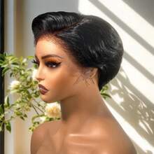 Peluca corta de encaje frontal con cabello rizado afro para mujeres, cabello humano 13x4x1 T parte encaje frontal corte pixie peluca 1B color negro sin pegamento con raya lateral y flequillo, peluca corta con capas de cabello humano sin pegamento para uso diario de mujeres - Natural Black - Ver 4