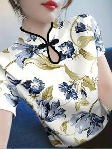 Improved Cheongsam Collar Short Sleeve T-Shirt, New Summer Women's Fashion Printed Slim Fit Undershirt Top Vacation White - White - View 1