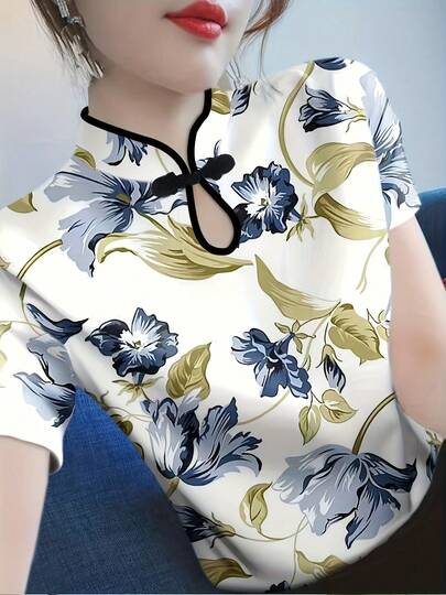 Improved Cheongsam Collar Short Sleeve T-Shirt, New Summer Women's Fashion Printed Slim Fit Undershirt Top Vacation White