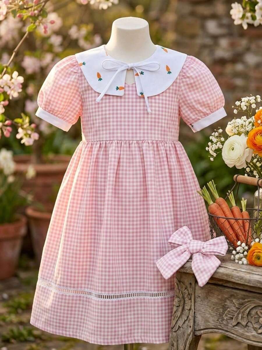 Hortênsia Girl's Dress With Puff Sleeves And Peter Pan Collar, Easter Striped And Checkered Pattern. - Màu Hồng baby - Xem 1