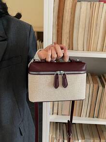 Women's Sophisticated Color-Blocked Canvas Small Square Bag, Retro Style, Perfect For Everyday Shopping Or Commuting, Simple Shoulder Bag. - Burgundy - View 9