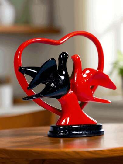 1pc Red Heart Lovebirds Figurine, Black & Red Resin Crafted Dove Decor, Wedding/Valentine's Day Gift, Home Living Room Entryway Decoration