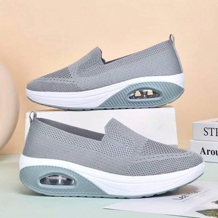 Women's Knitted Air Cushion Shake Shoes For Spring And Summer, Slip-On Lazy Style, Heel Air Cushion Shock Absorption Design, Breathable Mesh Material, New Fashion Casual Sneakers, Suitable For All Seasons.