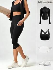EBIOSVE 1pcs  Women's Solid Color Sports Leggings With Pockets Yoga Pants Women With Pockets Capri Leggings For Women Workout Leggings For Women Yoga Capris - 1PCS Black - View 8