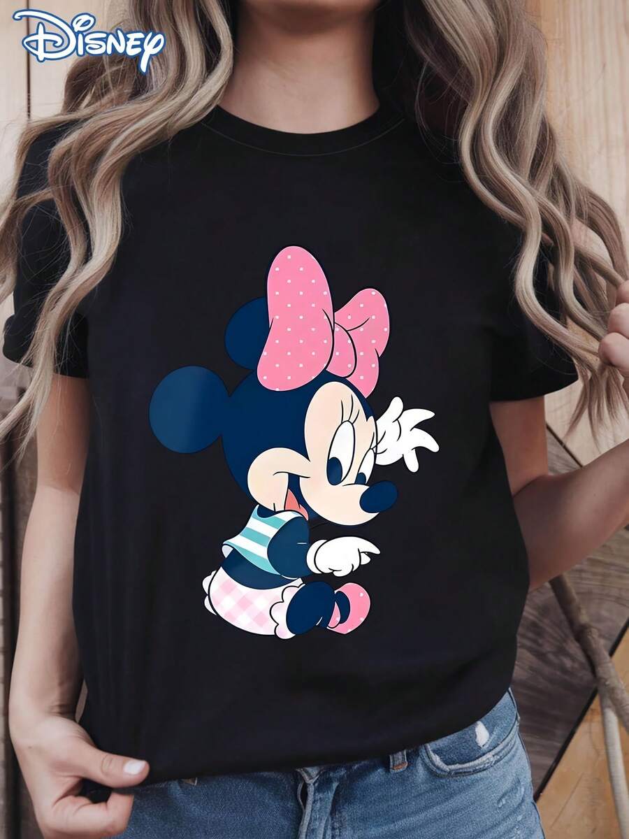 Disney Licensed! Adorable Minnie Mouse Bow Print Women's T-Shirt, Casual And Stylish Round Neck Short-Sleeved Summer Top, Youthful And Age-Reducing Cartoon Sweatshirt, Perfect For Outdoor And Everyday Casual Wear. - Black - View 1