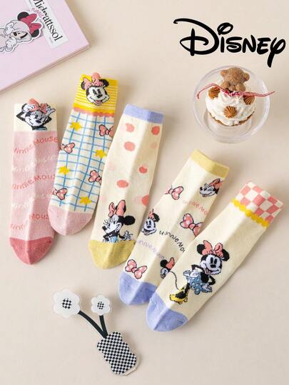 Disney 5 Pairs   Family Colorful Mid-Calf Socks For Kids, Cute Cartoon  Patterns, Fashionable Casual Breathable Student Socks, Suitable For Daily Wear, Back To School, Holiday Gifts