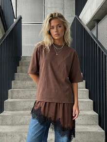 Womens Summer T Shirt 3/4 Length Sleeve Crew Neck Lace Patchwork Hem Casual Loose Fit Tops - 咖啡色 - 查看 1
