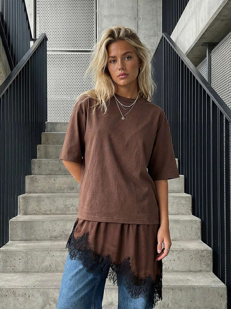 Womens Summer T Shirt 3/4 Length Sleeve Crew Neck Lace Patchwork Hem Casual Loose Fit Tops - 咖啡色 - 查看 1