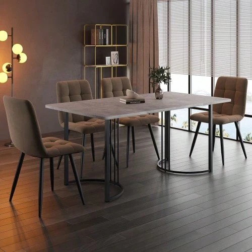 Dining Set (5 Pieces), Table And 4 Chairs, Modern Kitchen Set, 140*80cm Kitchen Table With Black Metal Legs, Grey MDF Top, Brown Velvet Dining Chairs - Khaki - View 1