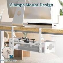 Under Desk Cable Management Tray No Drill, Metal Mesh Cable Management Under Desk With Clamp Mount, 2 Hole Cable Tray With Wire Management And Cord Organizer For Home Office Standing Desk - White - View 3