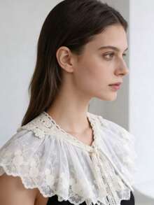 1 Pc Lace Lace Small Shawl Fake Collar, Women's Cape White Multifunctional Sun Protection With Skirt Bow Tie Tie Collar - Apricot - View 4