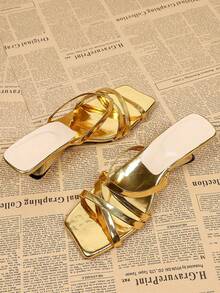 Women's Square Toe Criss-Cross Strap Gold High Heel Sandals, Casual Versatile Open Heel Mule Sandals For Summer - Vàng - Xem 4