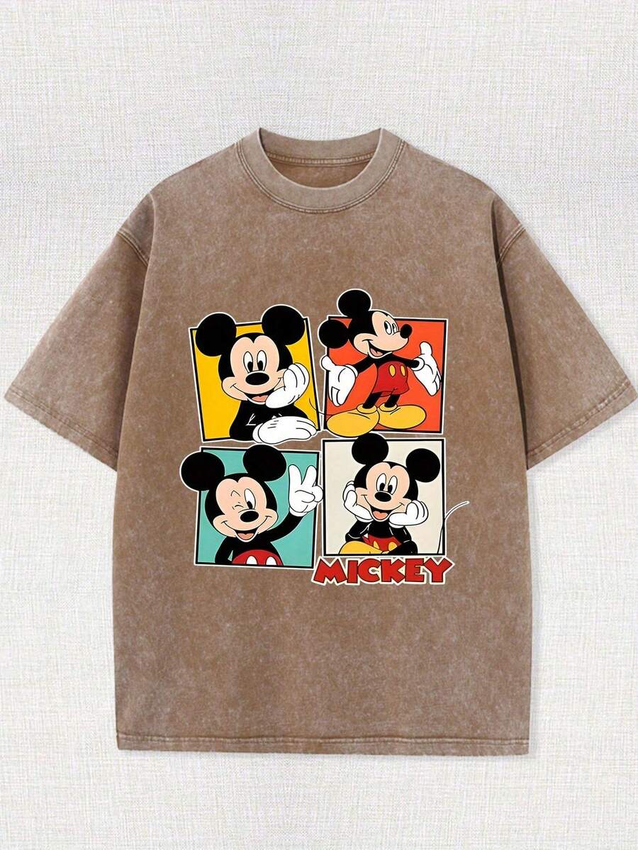 Disney Official Licensed Mickey Mouse 4-Panel Collage Graphic T Shirts 100 Percent Cotton Disney Shirt Washed 220g Unisex - 卡其色 - 查看 1