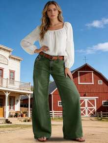 Women's Fashionable Straight Leg Army Green Jeans, Long Design With Pockets, Zipper And Button, Medium Stretch, Very Comfortable - Army Green - View 1