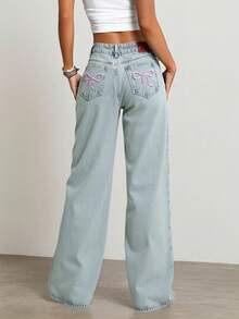 Women's Wide-Leg Ripped Jeans NZ001 |   Casual Street Style, Suitable For All Seasons, Long Length, Slightly Stretchy Fabric, Floral And Butterfly Colorful Pattern Print, Pocket Details, Perfect Gift For Christmas, New Year, And Valentine's Day - 風格 - 查看 6