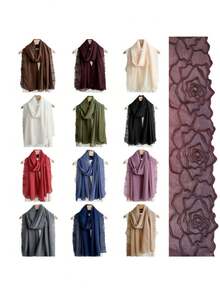 1 chiếc khăn trùm đầu bằng vải chiffon dập nổi họa tiết hoa hồng, khăn choàng chiffon màu trơn, kiểu dáng giản dị, khăn trùm đầu thanh lịch dành cho nữ. - Nhiều màu - Xem 6