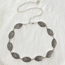 1pc Vintage Women's Engraved Buckle Distressed Texture Metal Waist Chain, Suitable For Western Style Jeans - Silver - View 5