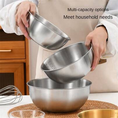 3pcs Stainless Steel Mixing Bowl Set | Brushed Metal Finish, Microwave , Round Vegetable Theme Bowls | Suitable For Kitchen Prep And Storage, Great For Barbecue And Outdoor Cooking