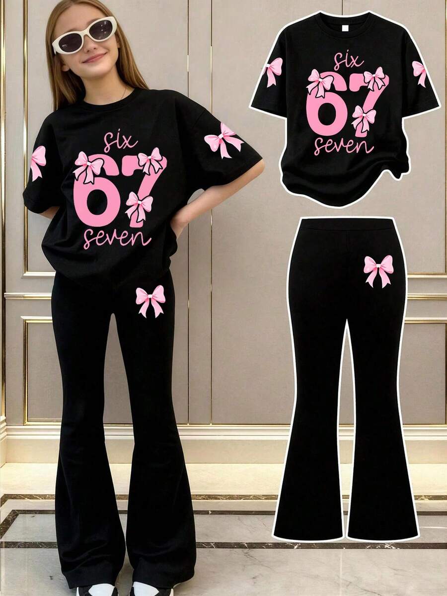 2pcs/Set Girls "67" & Bow Print Casual Street Style Outfit, Comfortable & Skin-Friendly, Sweet Yet Stylish. Sequin Decor Unifies The Look, Helps You Create A Refined, Sweet Yet Personalized Daily Look. - 黑色 - 查看 1