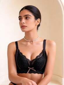 Temptuelle Sexy Lace Bralette With Wireless, Black Lingerie Suitable For Small Chest Women, - Black - View 5