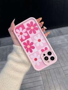 Flower 1pc New Creative Pink Sunflower Dual-Color Plaid Background Pattern Phone Case, Full Coverage Precise Cutout Soft Protective Cover For IPhone 17 Air/17 Pro Max/17/16 Plus/15/14/13/12/11/XS Max/XR/7/8 - Light Pink - View 2